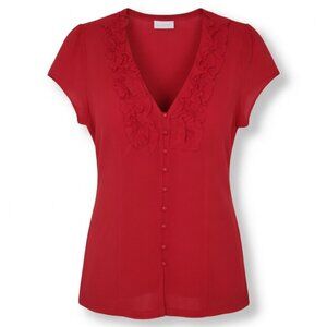 New York & Company Women's Size L Red Ruffle V Neck Short Sleeve Top